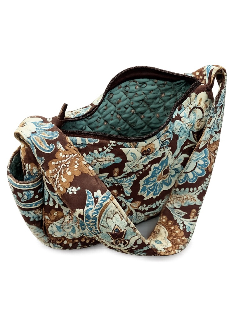 Vera Bradley Java Blue Quilted Shoulder Bag Brown Aqua Floral Paisley Purse - Picture 3 of 4